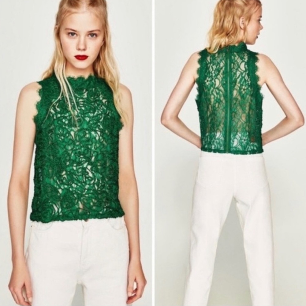 EUC Sz S Zara Trafaluc Green Sleeveless Lace Embroidered Top